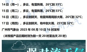 8月11日广州天气多云到阴天有大雨局部暴雨25到31℃