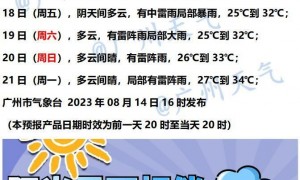 8月15日广州天气多云间晴有雷阵雨26到34℃